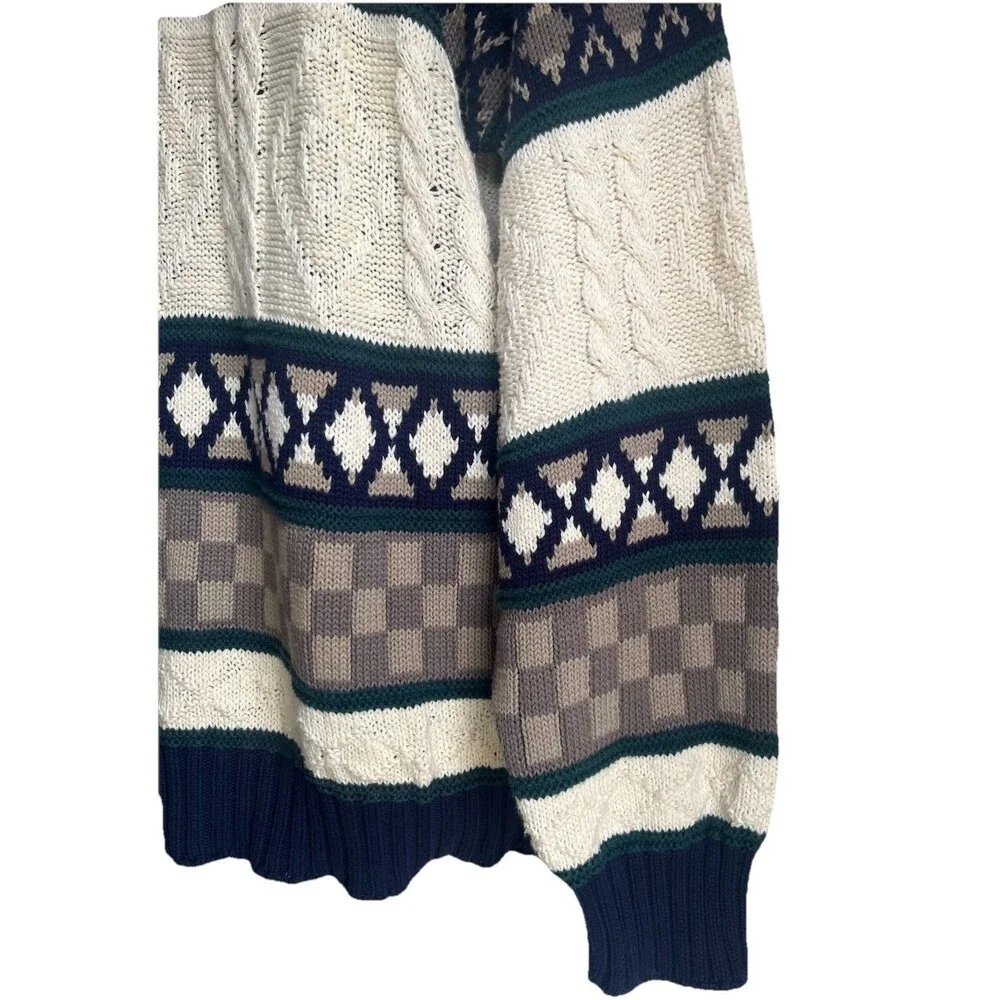 Vtg Royal Knight Grandpa Sweater Abstract Pattern Geometric Checkers Chunky Blue